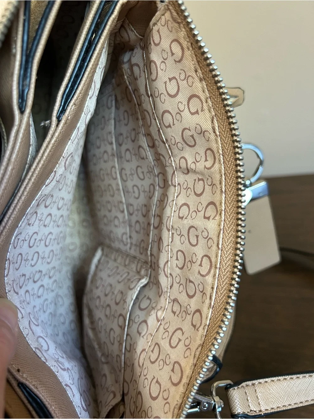 GUESS Tan Logo Print Satchel with Beige Trim